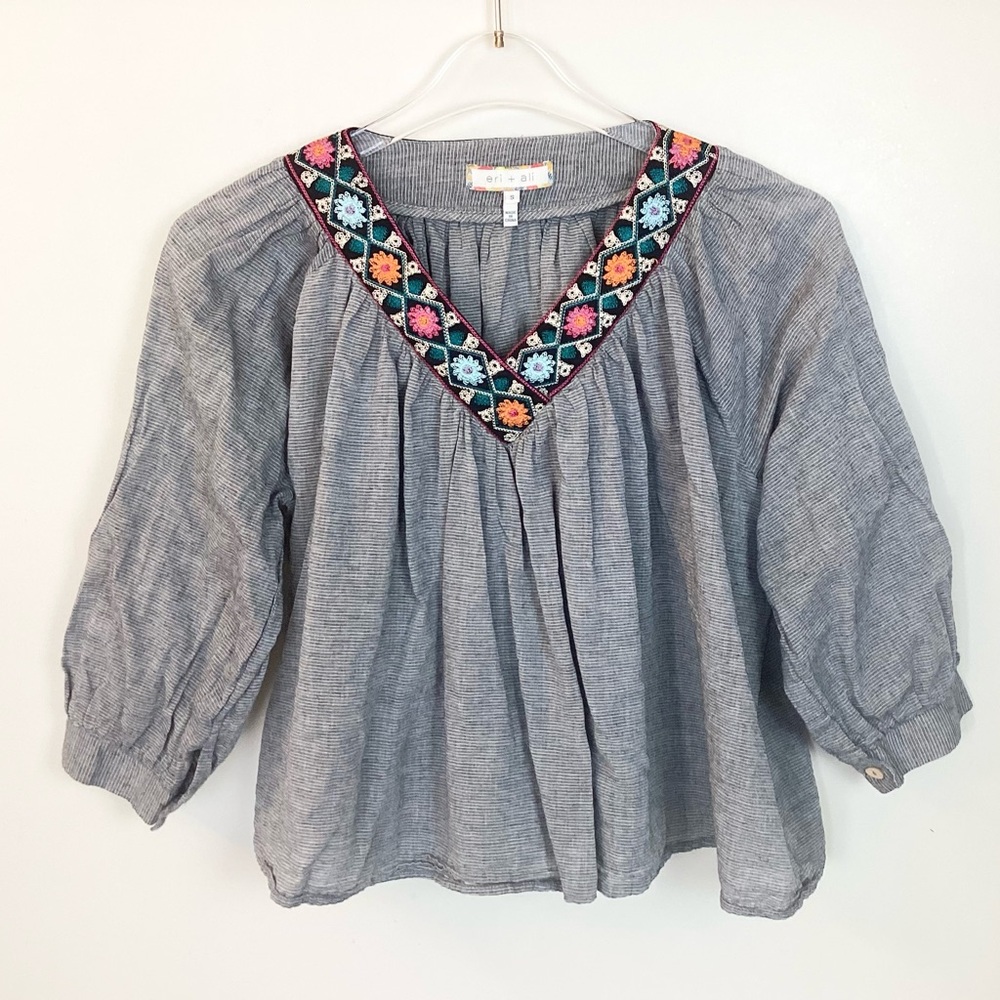 Anthropologie Striped Kaleidoscope Top with Floral Embroidery by Eri + Ali - S